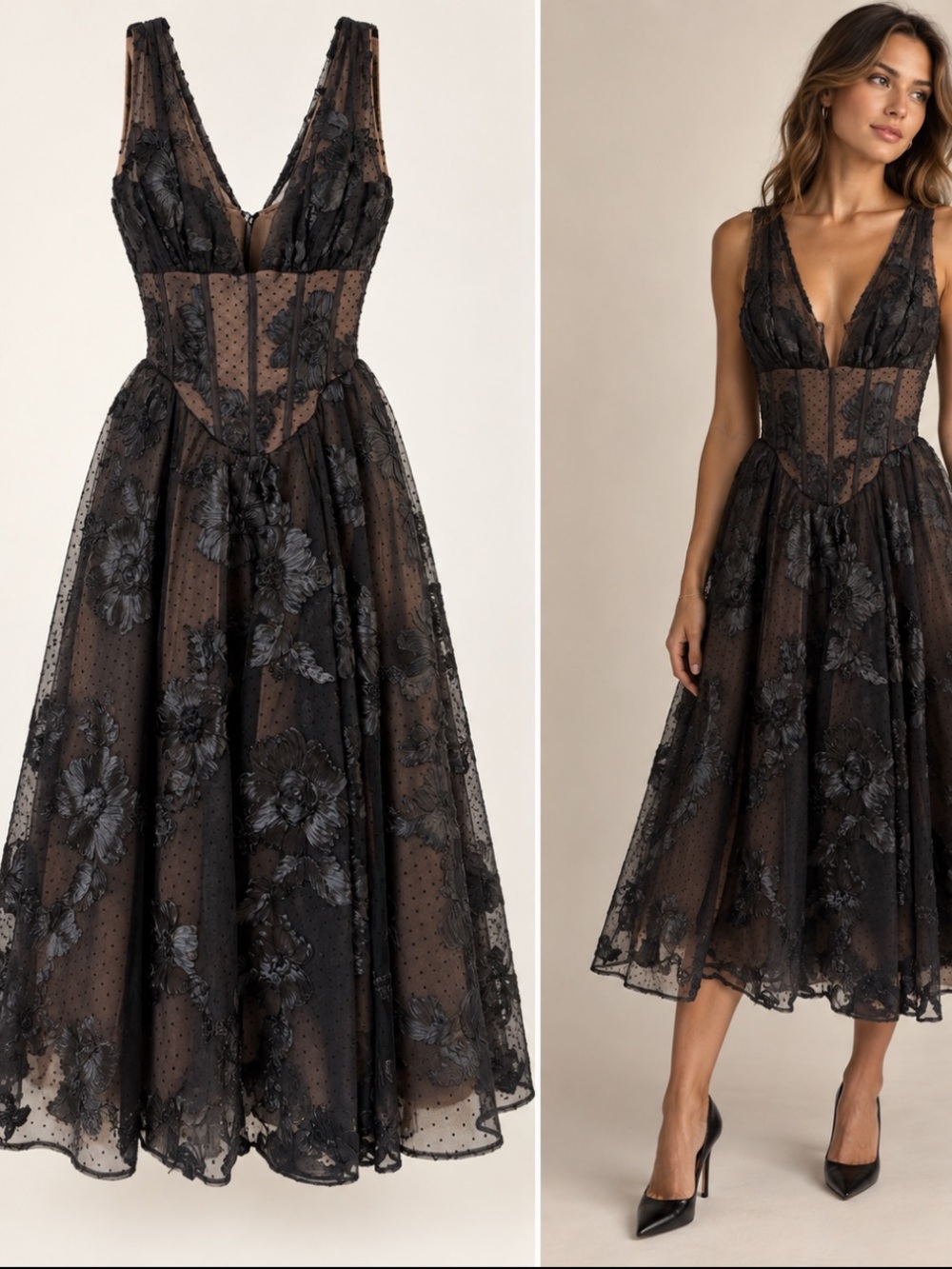 House of CB Sianna black floral tulle midi lace dress SIZE L